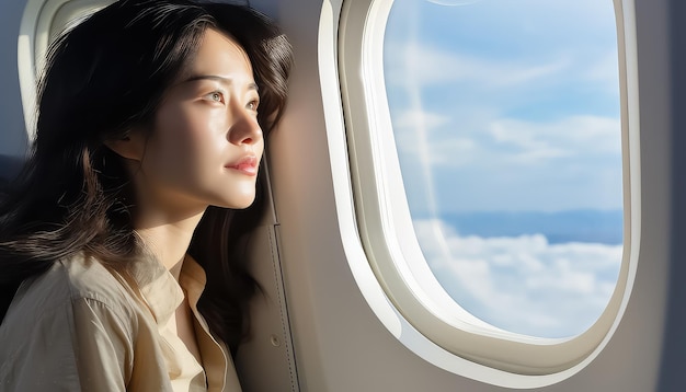 kobieta patrząca przez okno samolotu odrzutowego