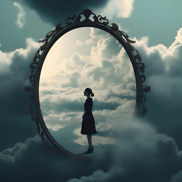 Kobieta patrząca w niebo przez lustro w stylu vintage renderowania 3D