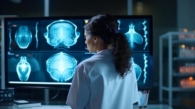 Kobieta patrzy na ekran komputera z słowami mózg i kości