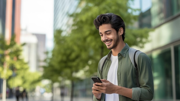 Kobieta patrzy na swój smartfon stojący na miejskim chodniku z budynkami na tle