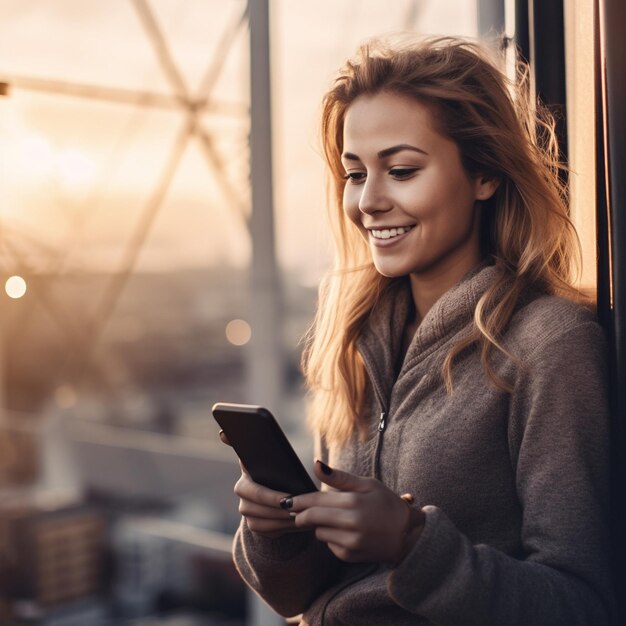 kobieta patrzy na telefon i uśmiecha się