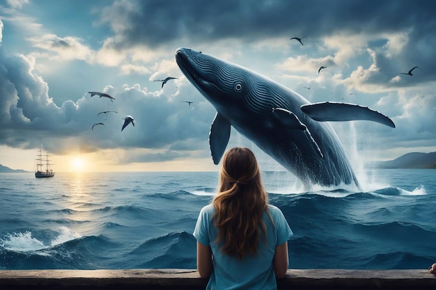 Zdjęcie kobieta patrzy na wieloryba, a morze na kobietę.
