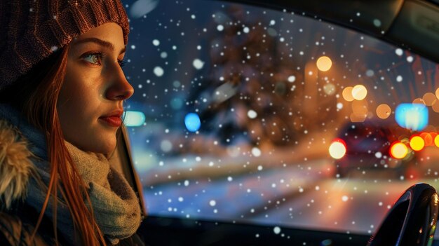 Zdjęcie kobieta patrzy przez okno samochodu, a śnieg pada.