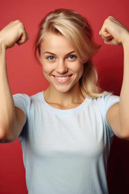 Zdjęcie kobieta pewnie zgięła ramiona i uśmiecha się do kamery doskonałe dla promocji fitness i wellness