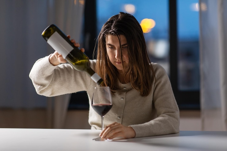 Zdjęcie kobieta pijąca czerwone wino w domu