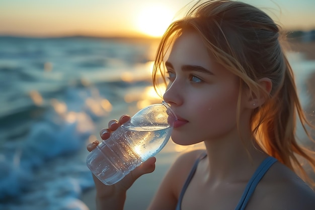 Kobieta pijąca wodę na plaży