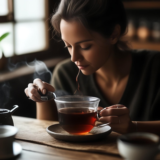 kobieta pije herbatę z filiżanki herbaty