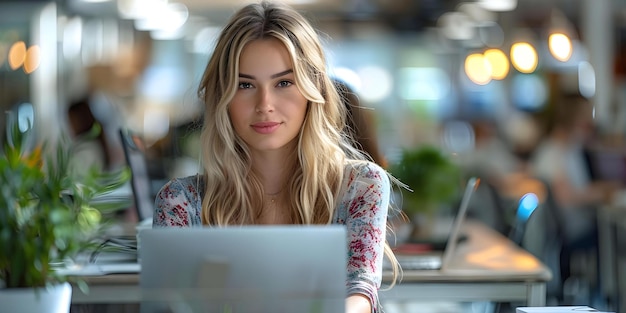 Zdjęcie kobieta pilnie pracująca na swoim laptopie w zajętej kabinie biurowej z współpracownikami koncepcja biurowa miejsce pracy kobieta biznesowa współpraca środowisko pracy biuro zajęte