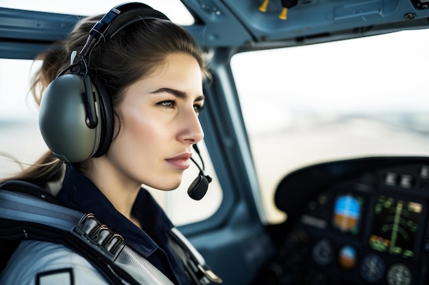 Kobieta pilot z zestawem słuchawkowym przygotowująca się do lotu