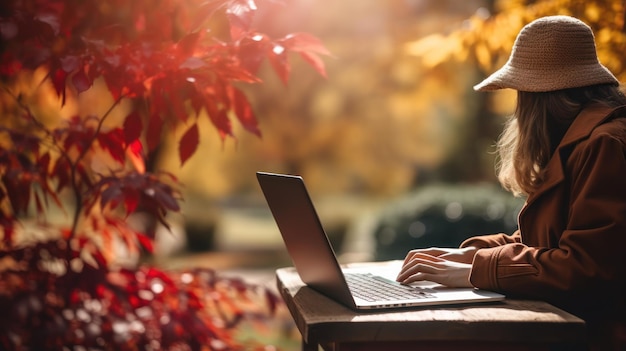 Kobieta pisząca na laptopie w sezonie jesiennym