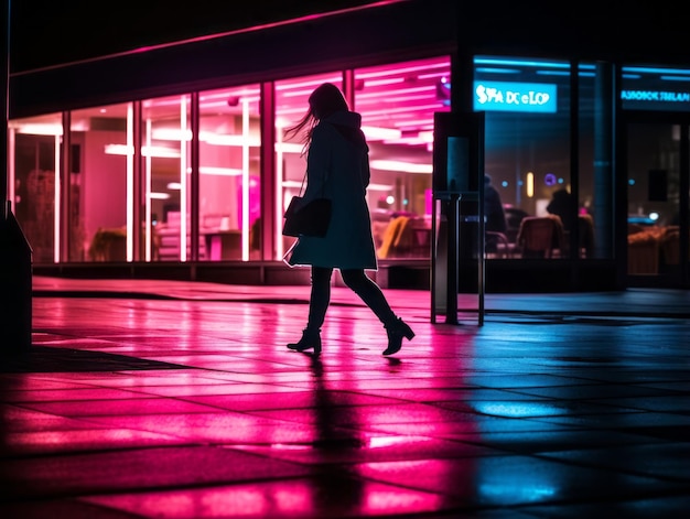 Zdjęcie kobieta plus size spacerująca pewnie po tętniących życiem, oświetlonych neonami ulicach