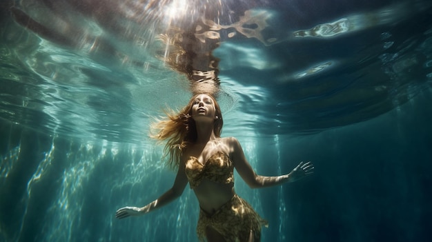 Kobieta pływająca w basenie ze słowem aqua na dnie.