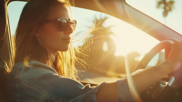 Kobieta pocałowana w słońce cieszy się spokojną jazdą, esencją wolności na przybrzeżnej drodze.