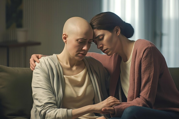 Zdjęcie kobieta pocieszająca łysą kobietę z rakiem