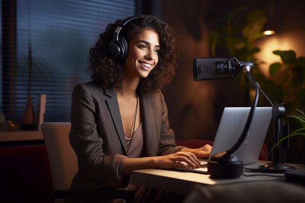 Kobieta podcasterka tworząca podcast audio w swoim domowym studiu Generative Ai