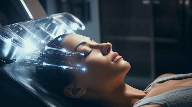 Zdjęcie kobieta poddawana leczeniu twarzy za pomocą strumienia plazmy wyrafinowana klinika piękności ai generowana
