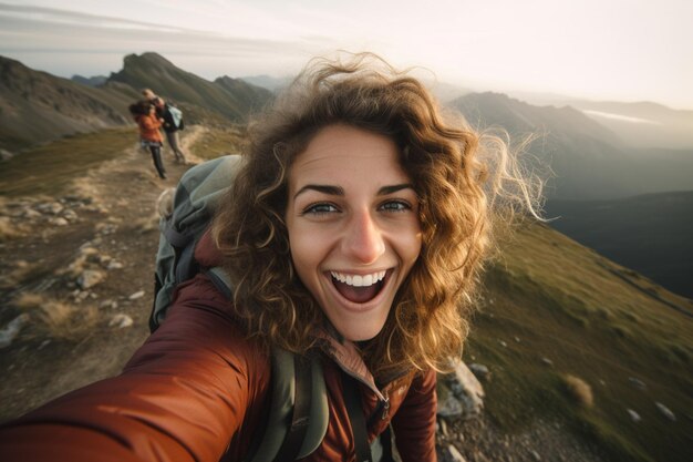 Kobieta podróżująca selfie na klifie i szukająca widoku.