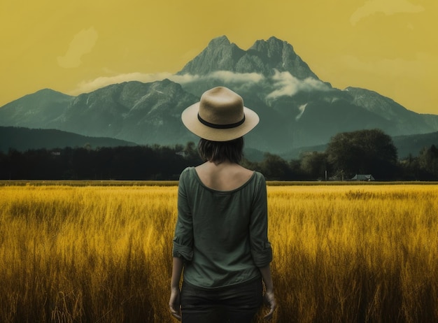 Kobieta podróżująca z plecakiem trzymająca kapelusz i patrząca na niesamowite góry