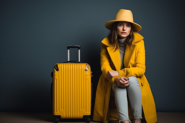 Kobieta podróżująca z żółtą walizką wpłynęła na Generated Ai