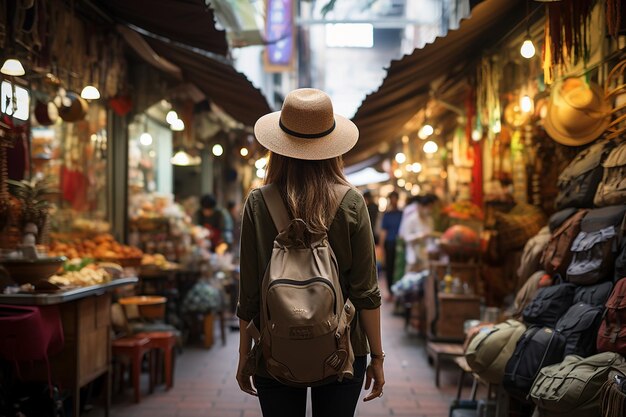 Kobieta podróżująca zwiedzająca z kapeluszem i plecakiem Generative Autor: AI