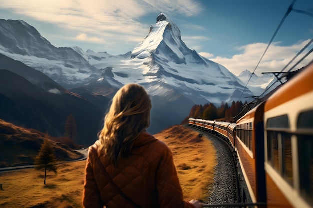 Zdjęcie kobieta podziwiająca widok na śnieżne góry z pociągu