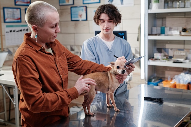 Kobieta pokazuje swojego psa lekarzowi weterynarii