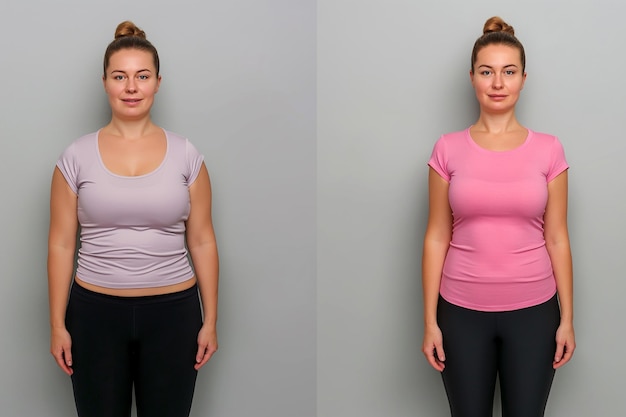 Kobieta pozuje przed i po utracie wagi Dieta i zdrowe odżywianie Wyniki fitness poprawiają kondycję Wyniki liposukcji chirurgia plastyczna Transformacja z grubej w sportowca Trening z nadwagą i szczupłą