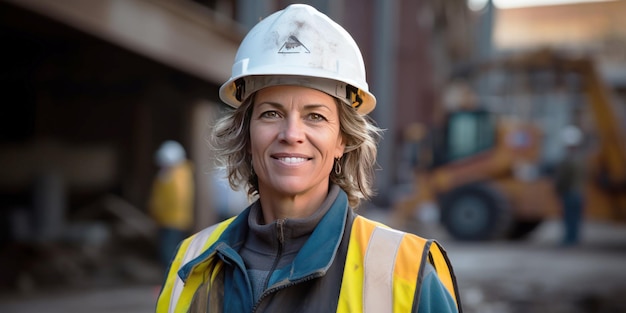 kobieta pracująca na budowie kask budowlany i kamizelka robocza uśmiechając się w średnim wieku lub starszym
