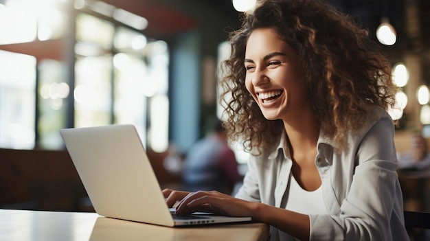 Kobieta pracująca na laptopie i śmiejąca się w biurze