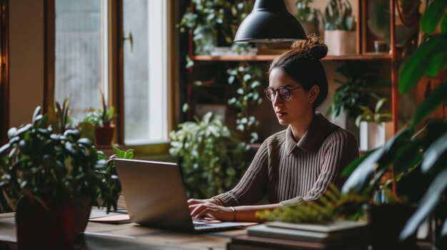 Kobieta pracująca na laptopie w wypełnionym roślinami pokoju