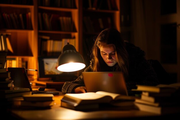 Zdjęcie kobieta pracująca przy biurku z laptopem generatywnym ai