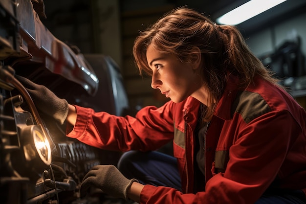 Kobieta pracująca przy stole roboczym generatora sztucznej inteligencji w garażu mechanika