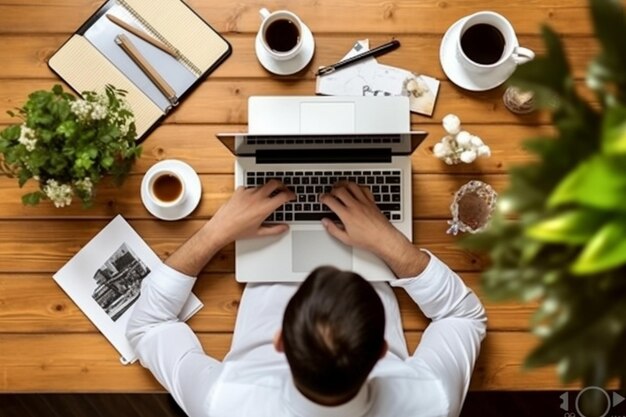 Kobieta pracująca uczy się za pomocą laptopa na stole Pisanie na klawiaturze Pusty ekran telefonu komórkowego Koncepcja freelancera Praca w domu Edukacja online Zakupy Technologia komunikacji Generacyjna sztuczna inteligencja