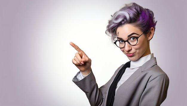 Kobieta pracująca w biurze lub nauczycielka w okularach wskazująca palcami na białe tło