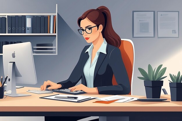 Kobieta pracująca w biurze przy biurku z komputerem Zawodowe miejsce pracy Kobieta biznesowa na miejscu pracy Ilustracja wektorowa w stylu płaskim