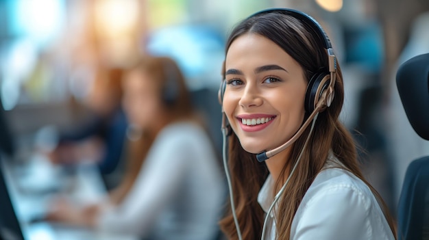 Kobieta pracująca w centrum telefonicznym nosząca słuchawki szczęśliwy uśmiech Hotline wsparcia technicznego Kobieta biznesowa agent centrum telefonicznego patrząca na kamerę pozując w biurze obsługi klienta