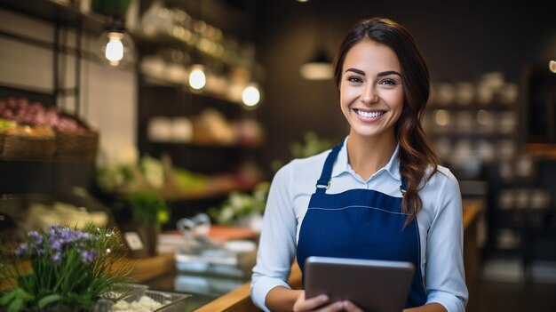 Zdjęcie kobieta pracująca w restauracji z tabliczką z napisem 