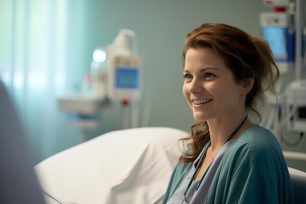 Kobieta pracująca w służbie zdrowia szczęśliwa dla swojego pacjenta w szpitalu