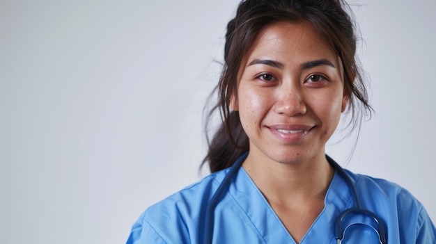 Kobieta pracująca w służbie zdrowia w niebieskim mundurze uśmiecha się do kamery izolowanej na białym tle