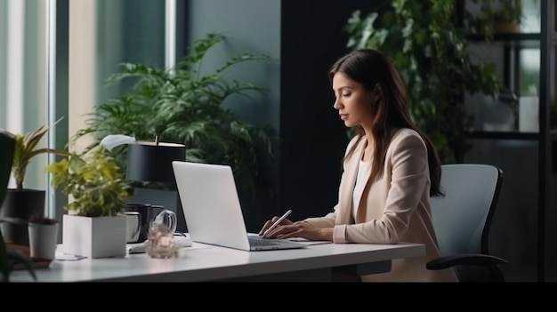 kobieta pracuje na laptopie w pokoju z rośliną na tle