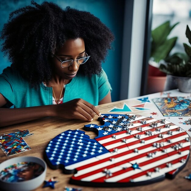 Zdjęcie kobieta pracuje nad flagą wykonaną z gwiazd i pasków.