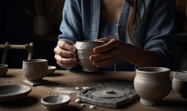 Kobieta pracuje nad kołem ceramicznym w warsztacie generującym sztuczną inteligencję