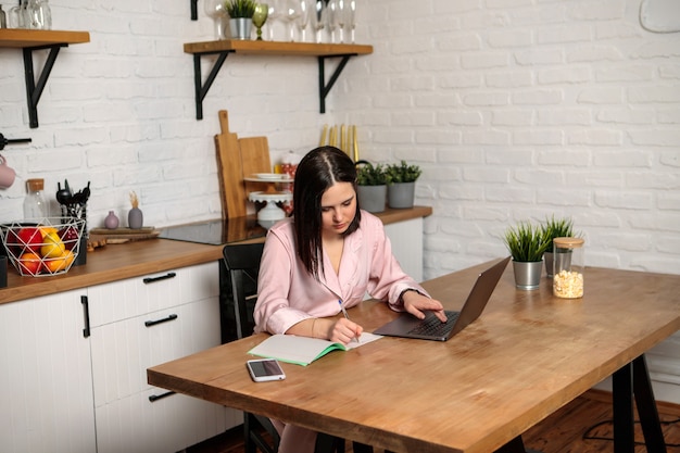 Kobieta pracuje w biurze zdalnie z domu w kuchni, siedząc przy komputerze. Kształcenie na odległość, edukacja i praca online. Studentka przygotowuje się do egzaminów.