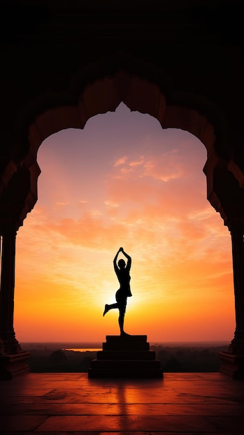 Kobieta praktykująca jogę przed zachodem słońca