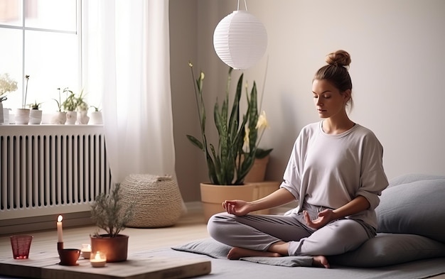 Zdjęcie kobieta praktykująca medytację, jogę, relaks w swoim spokojnym i przytulnym domu z spokojem i spokojem