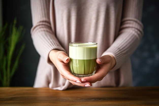 Zdjęcie kobieta prezentująca rzemieślniczą matcha latte na stole