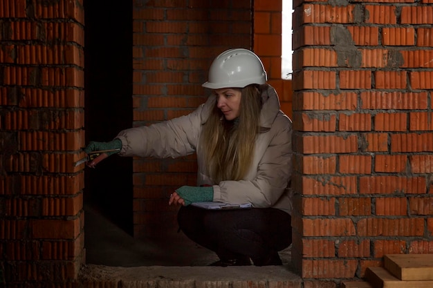 Kobieta projektant-architekt w białym hełmie budowlanym wykonuje pomiary ceglanych ścian domu Naprawa i wystrój wnętrz