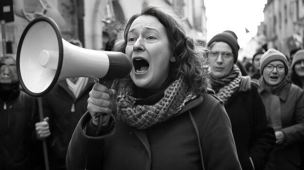 Kobieta protestująca z megafonem podczas strajku z grupą demonstrantów w tle