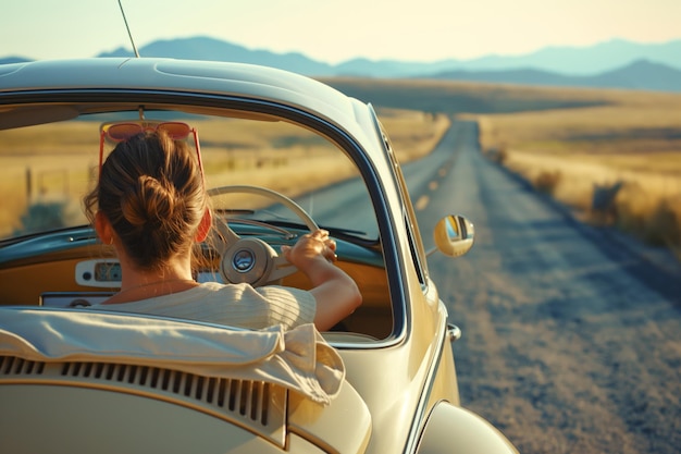 Kobieta prowadzi samochód po zakurzonej drodze pod niebieskim niebem