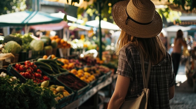 Kobieta przechodząca przez rynek rolniczy wybierając organiczne i lokalnie uprawiane składniki dla siebie